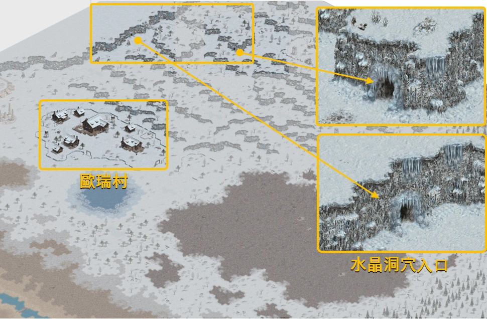 天堂:經典版官方歐瑞雪原地圖,標示水晶洞穴入口位置。