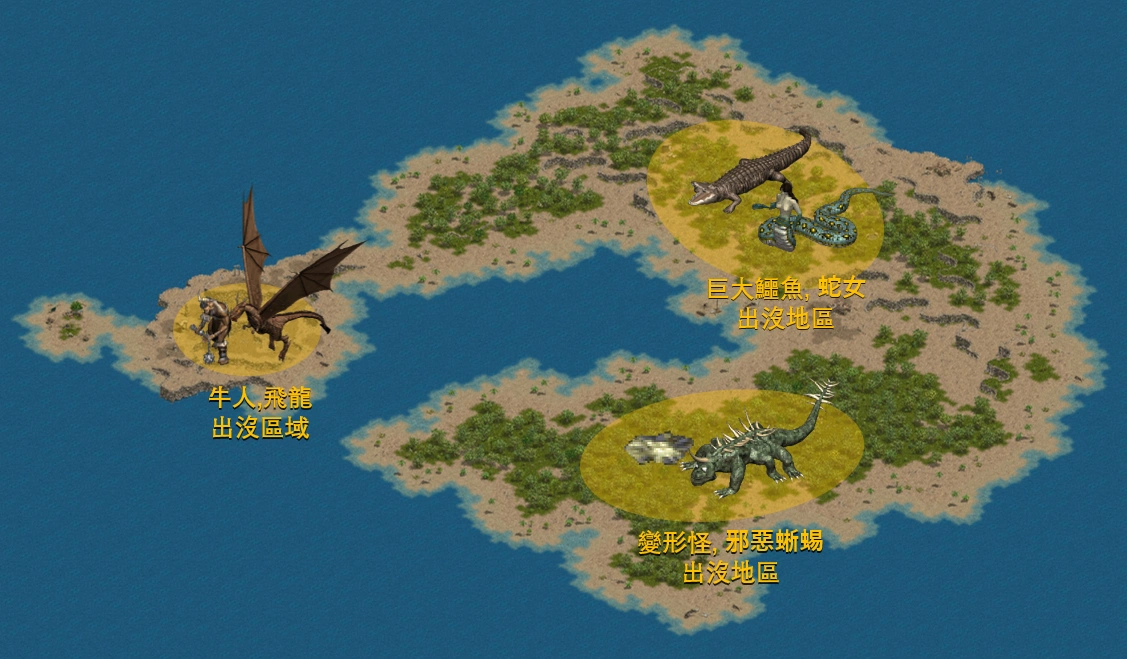 天堂:經典版官方遺忘之島指南中的島嶼獵場原圖。